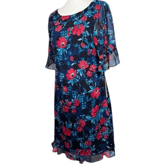 NWT Karl Lagerfeld Navy Floral Shift Dress Short Ruffle Flutter Sleeve Size 10 - Picture 1 of 13